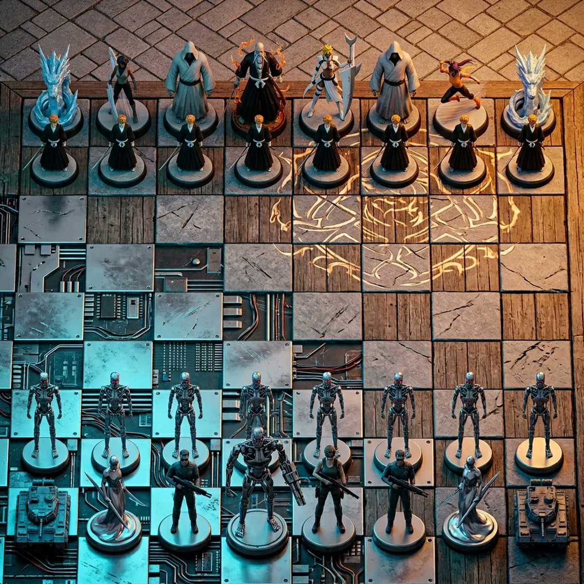 Hyper-realistic Isometric 3D Chess Set with Rival Factions
