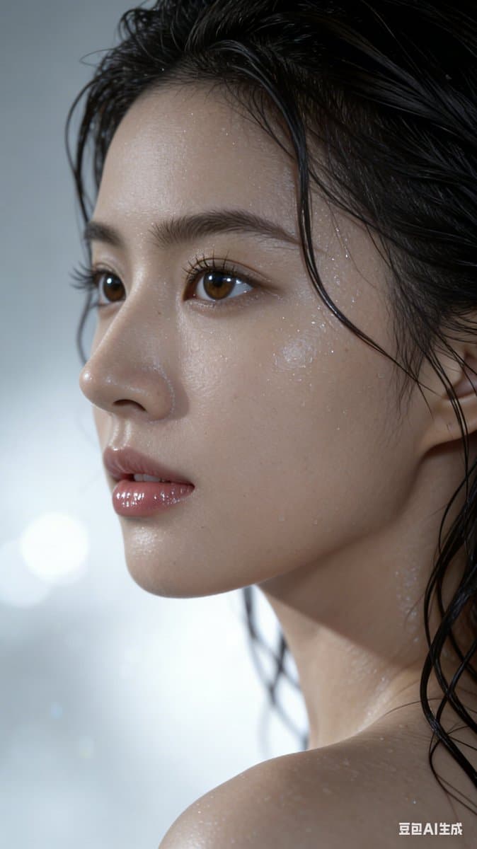 Extreme Wet Close-Up Portrait of Young Woman