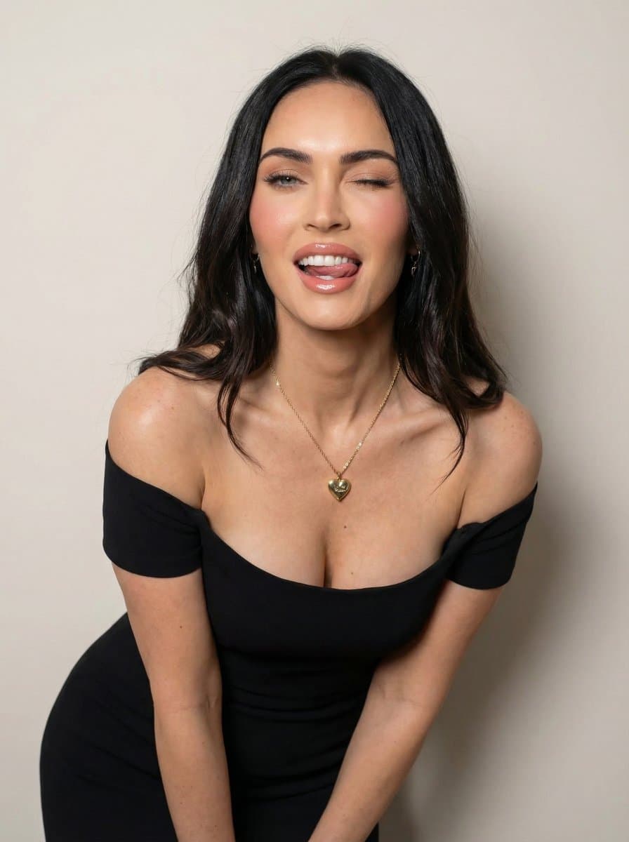 Playful Studio Portrait of Young Woman in Black Dress