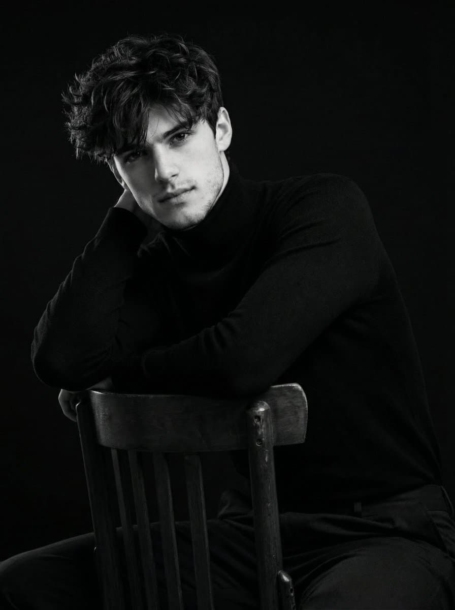 Ultra-realistic studio portrait, low-angle, black-and-white