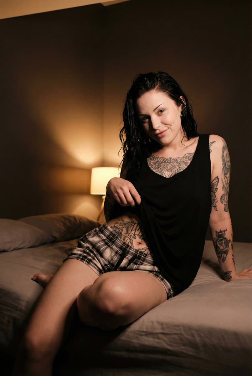 Dark Loft Bedroom Portrait with Alternative Beauty