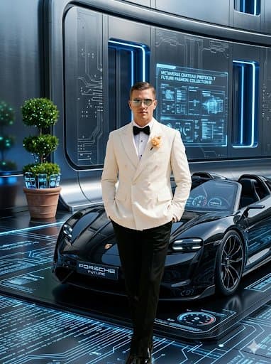 Sophisticated Man in Cyberpunk Metaverse Chateau