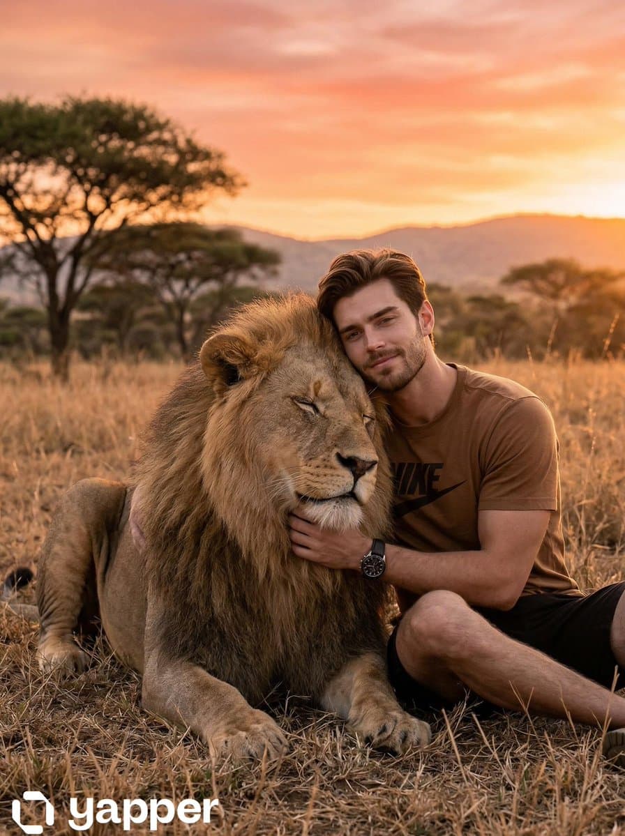 Man Embraces Lion in African Savanna Sunset