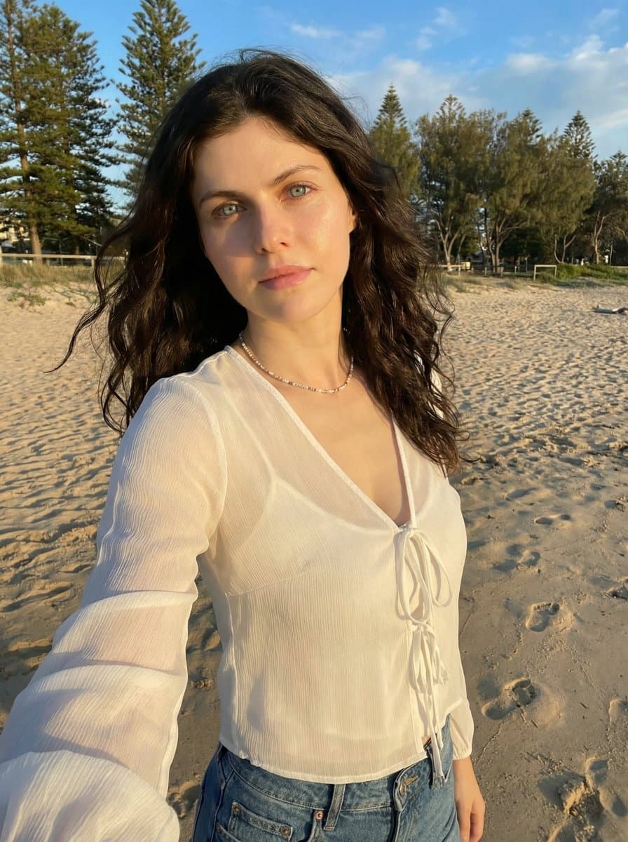 Golden Hour Beach Selfie with Sheer Blouse