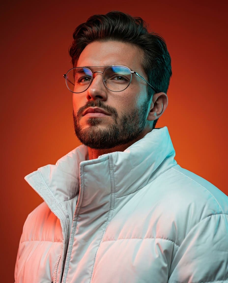 Cinematic Portrait of Man in Futuristic Puffer Jacket