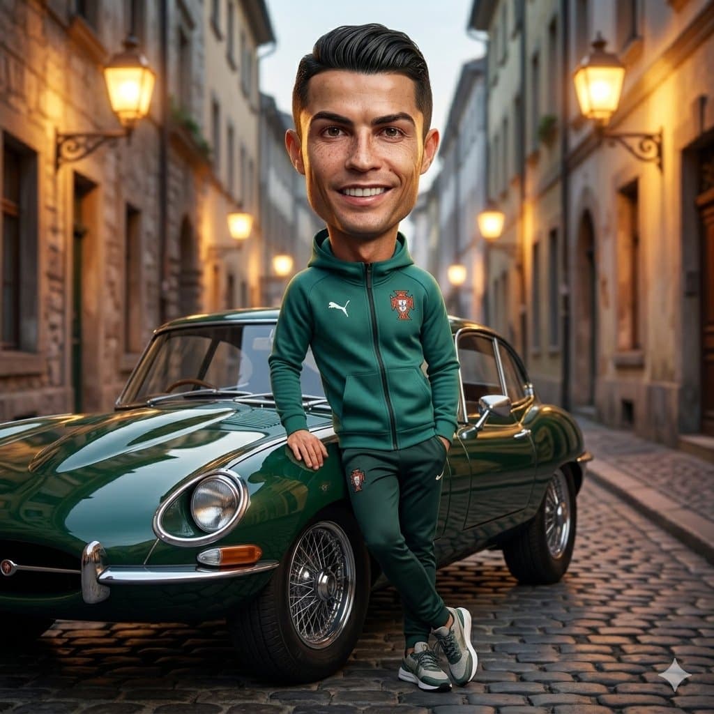 Caricature with Vintage Car on Cobblestone Street