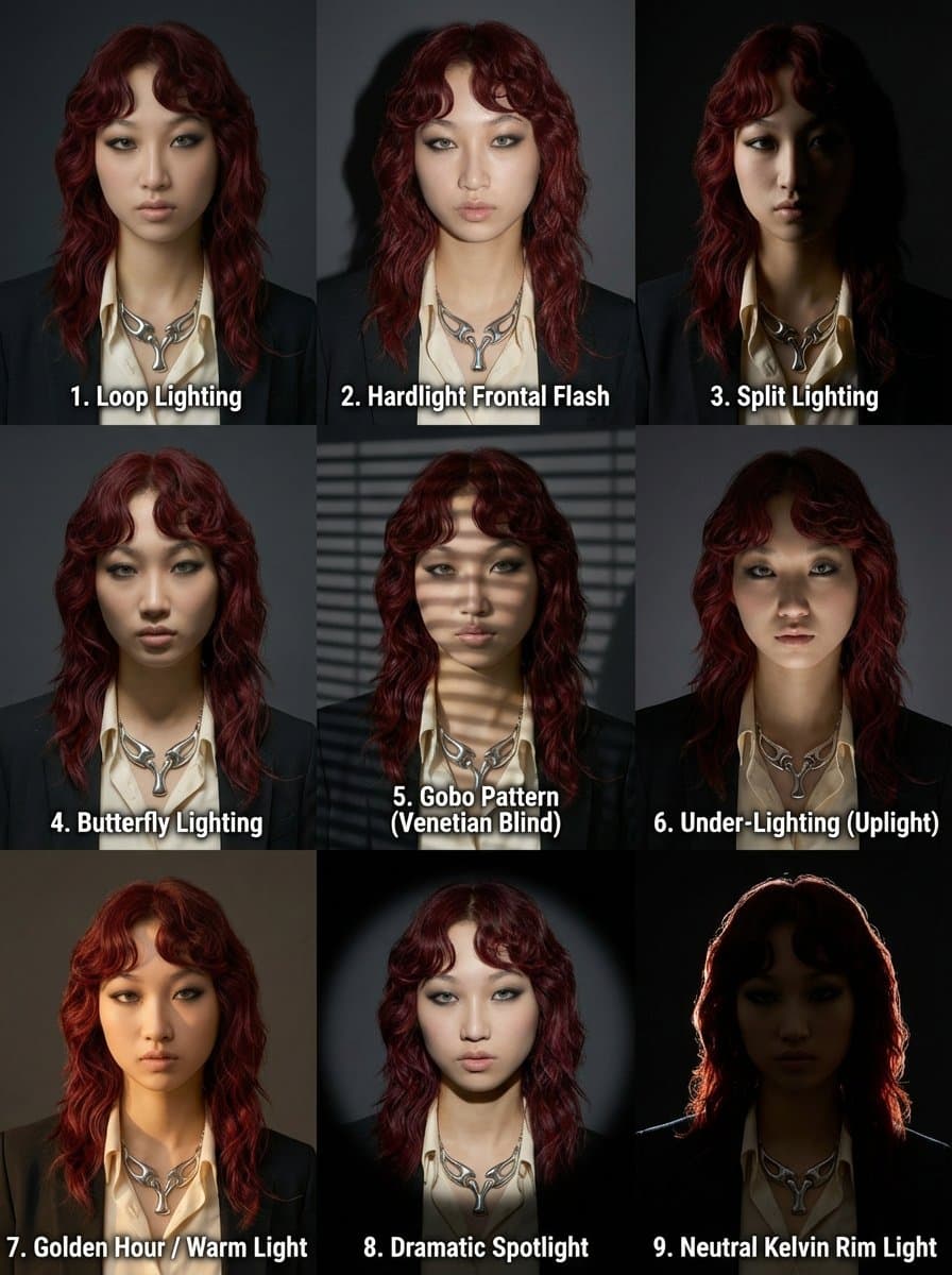 9-Panel Portrait Grid with Varied Lighting