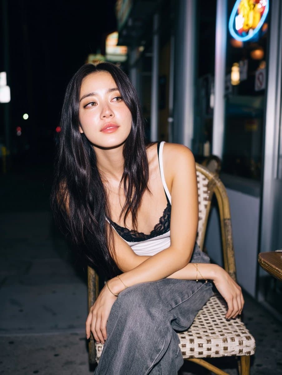 Nighttime Street Portrait with Flash and Neon Glow