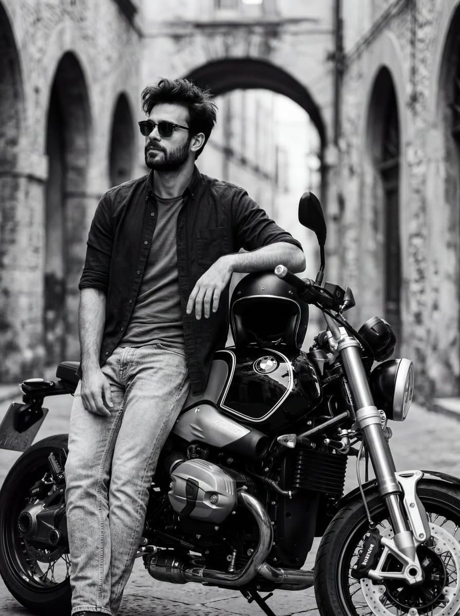 Cinematic Portrait of Man with Motorcycle