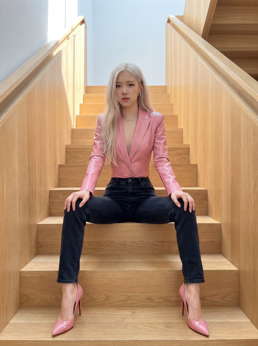 K-pop Idol Rosé on Modern Wooden Stairs