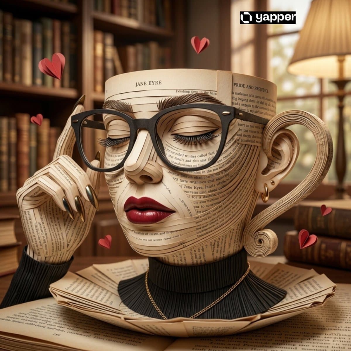 Surreal Coffee Cup Made of Book Pages in Library