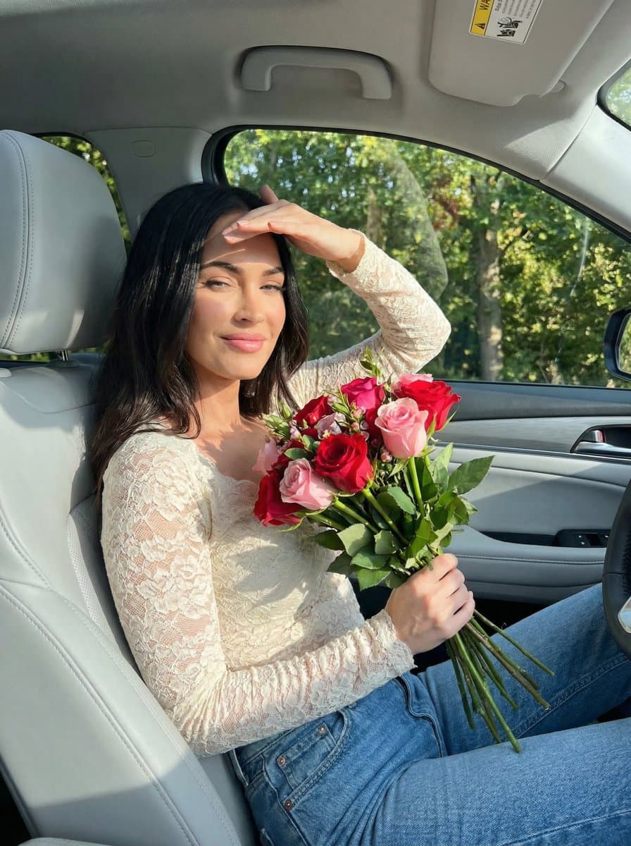 Woman in Car with Flowers, Sunlight