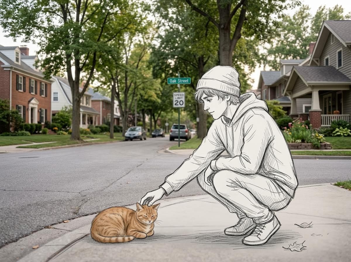 Sketch Character Petting Cat on Residential Street
