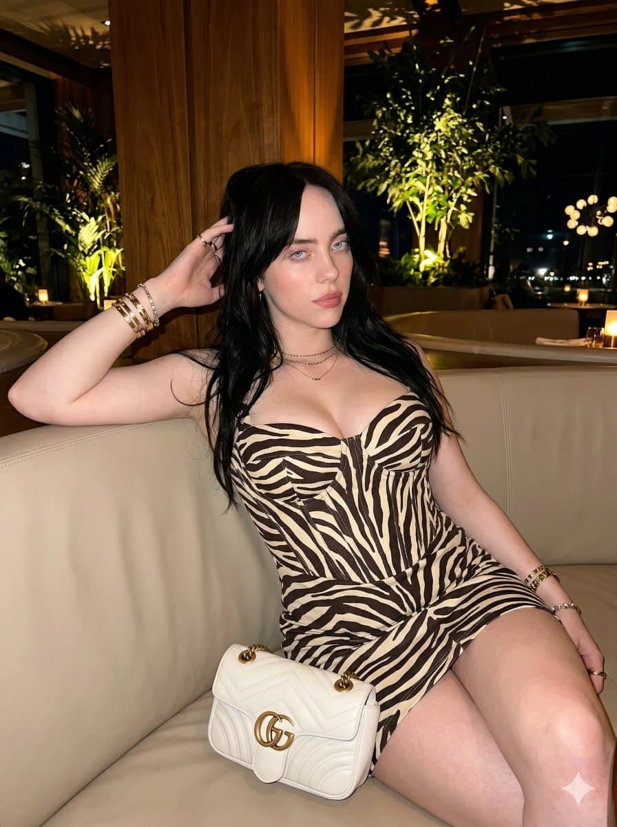 Woman in Zebra Print Dress in Upscale Lounge