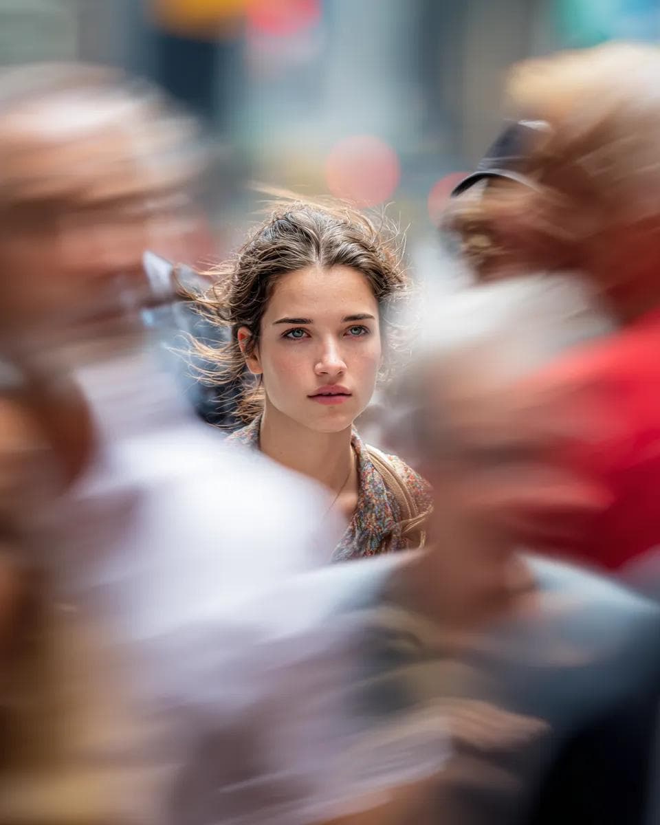 Model on Busy New York Street, Motion Blur