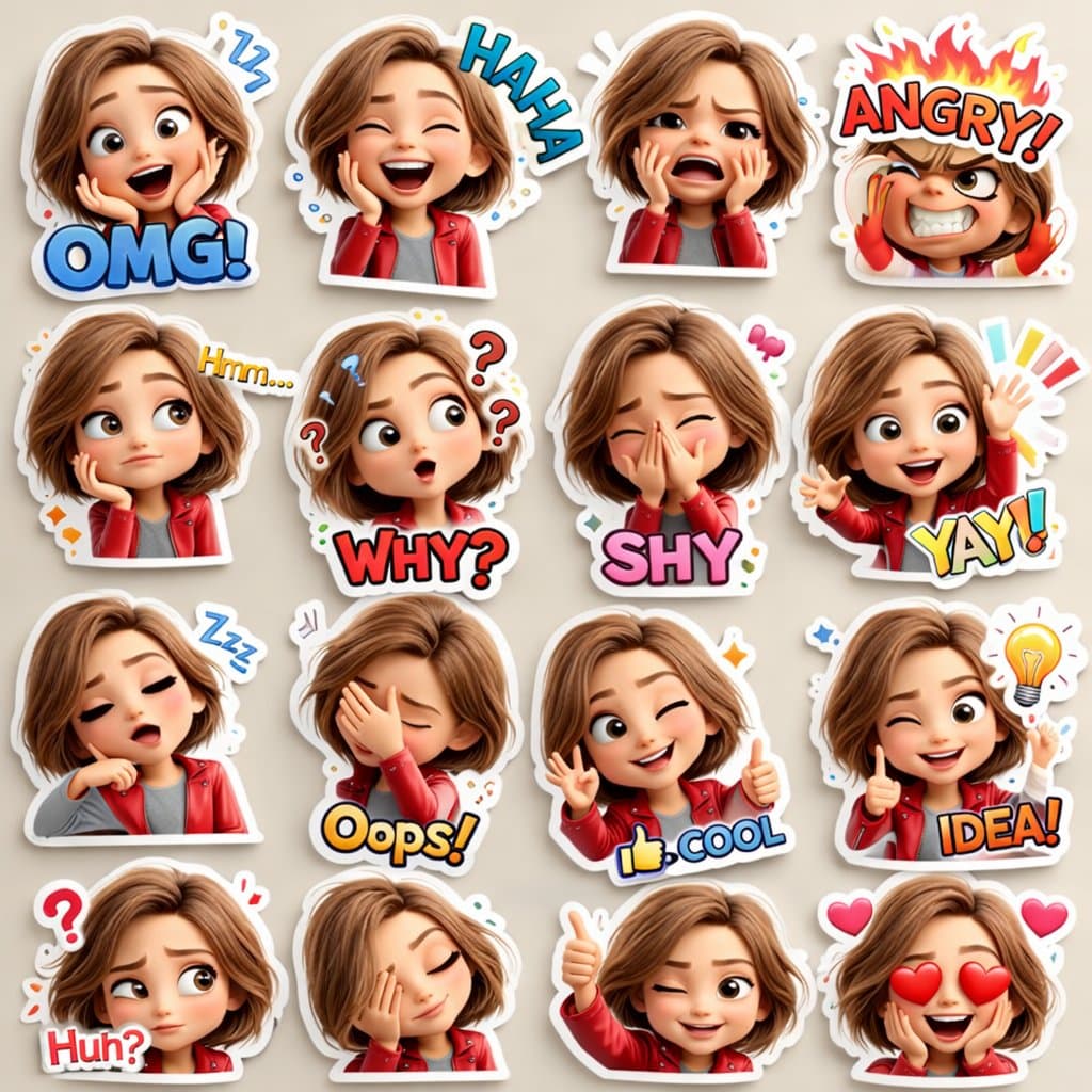 Cute 3D Cartoon Girl Sticker Pack with Emojis