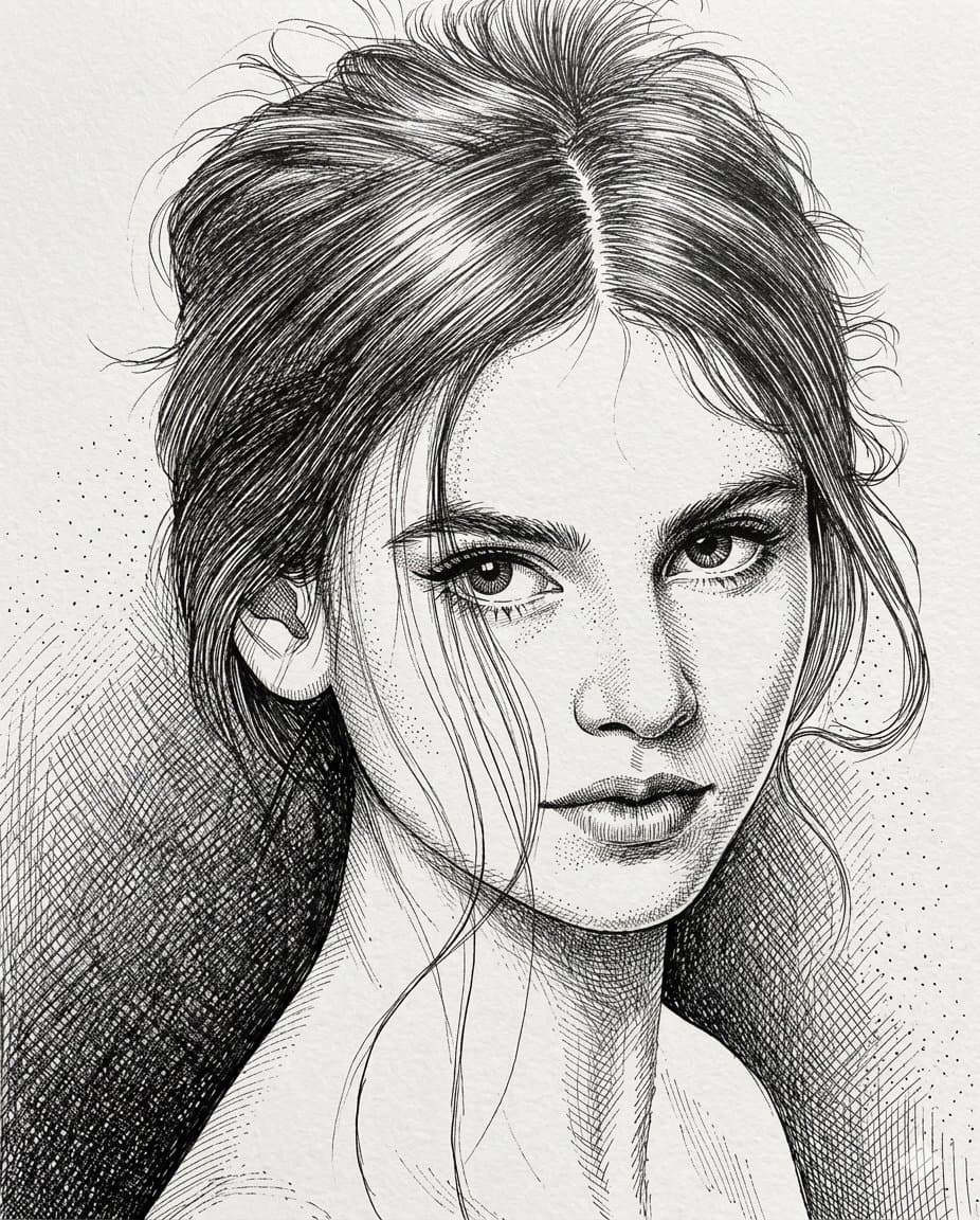 High-Contrast Pen and Ink Portrait of a Young Woman