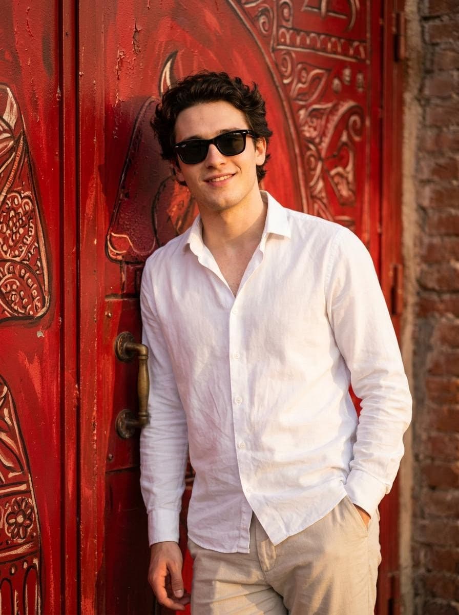 Person in front of a red metal door
