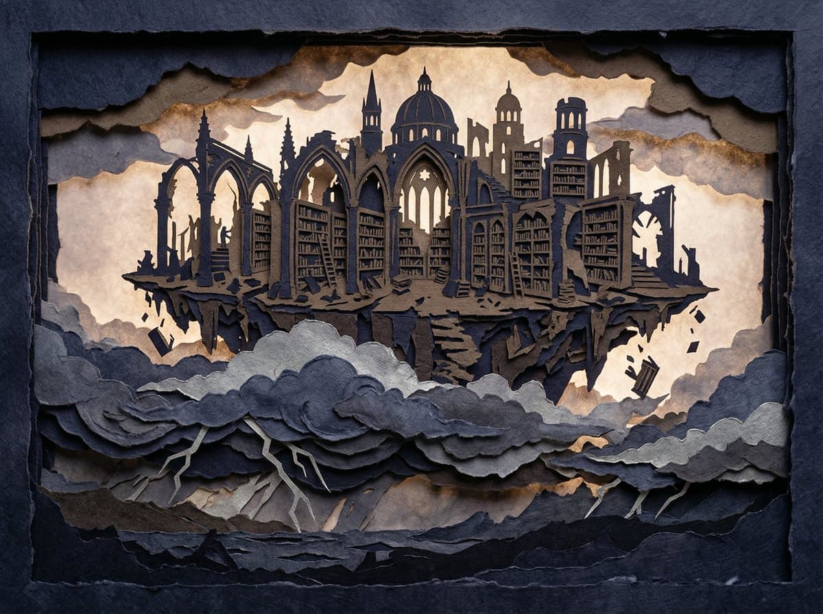 Crumbling Library Paper Cut Silhouette