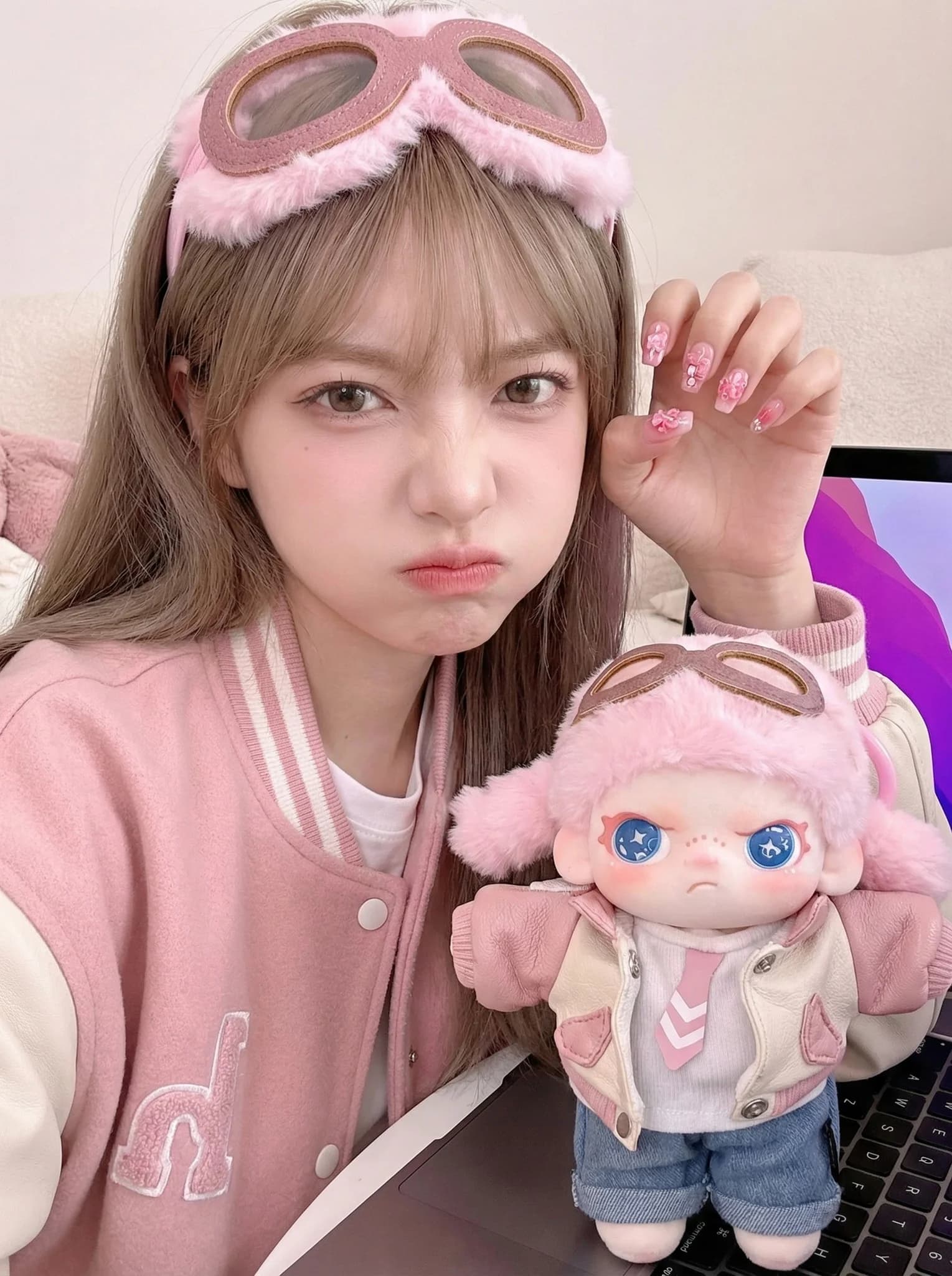 Twinning Portrait: Human Mimics Doll's Pouty Expression