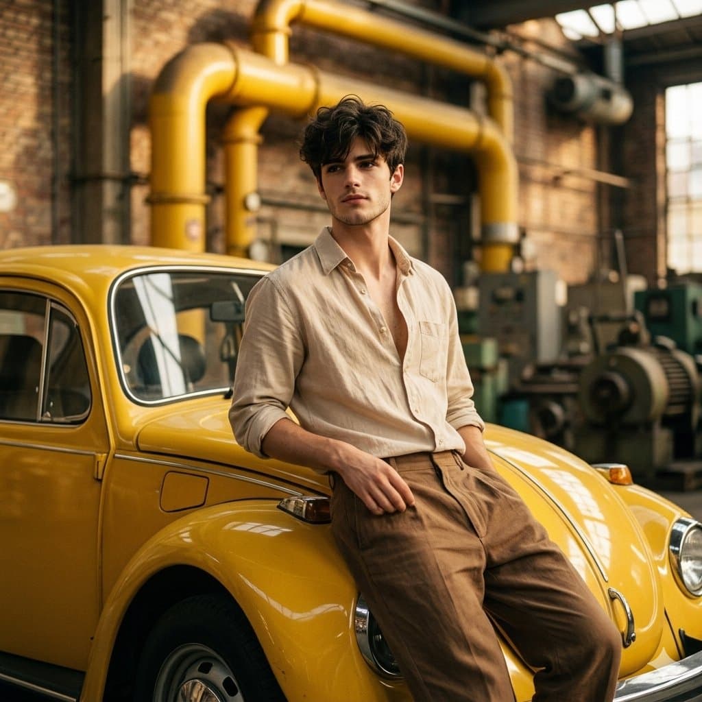 Man in beige shirt leaning on vintage car