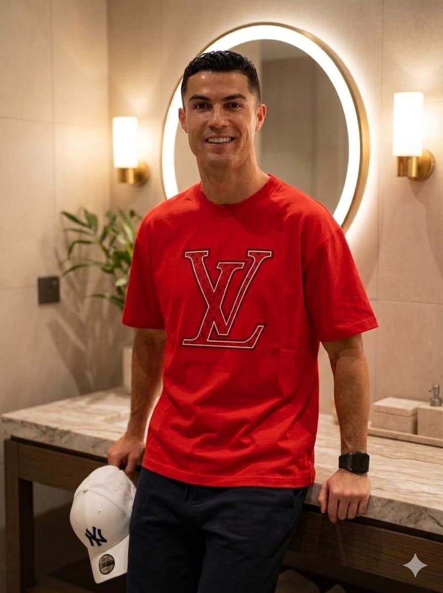 Luxury Bathroom Portrait with Red Designer T-Shirt