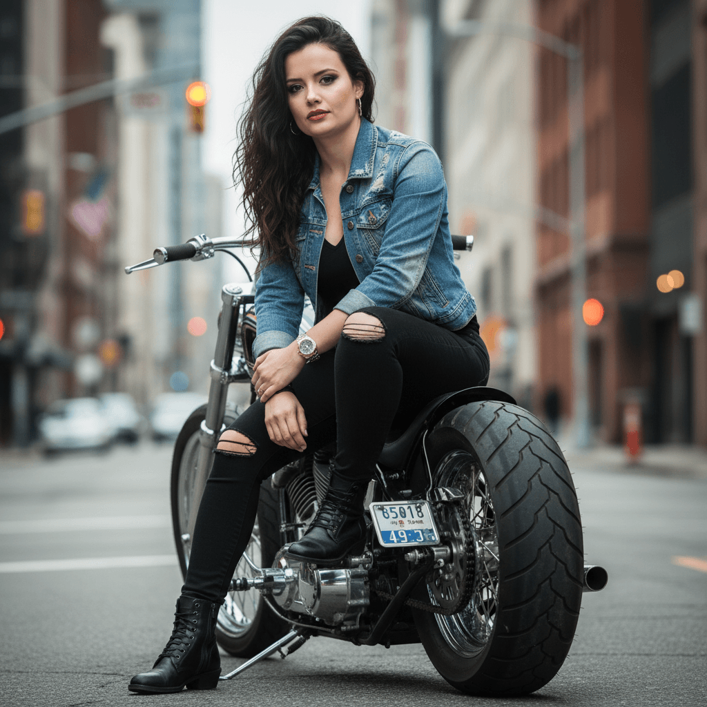 Biker-Chic Woman on Motorcycle Urban Portrait
