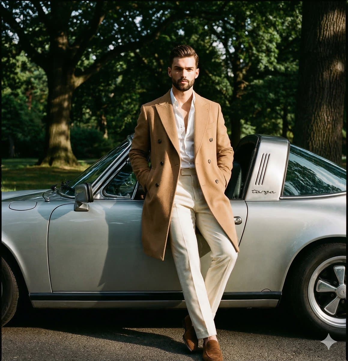Man in Camel Coat with Vintage Porsche Targa