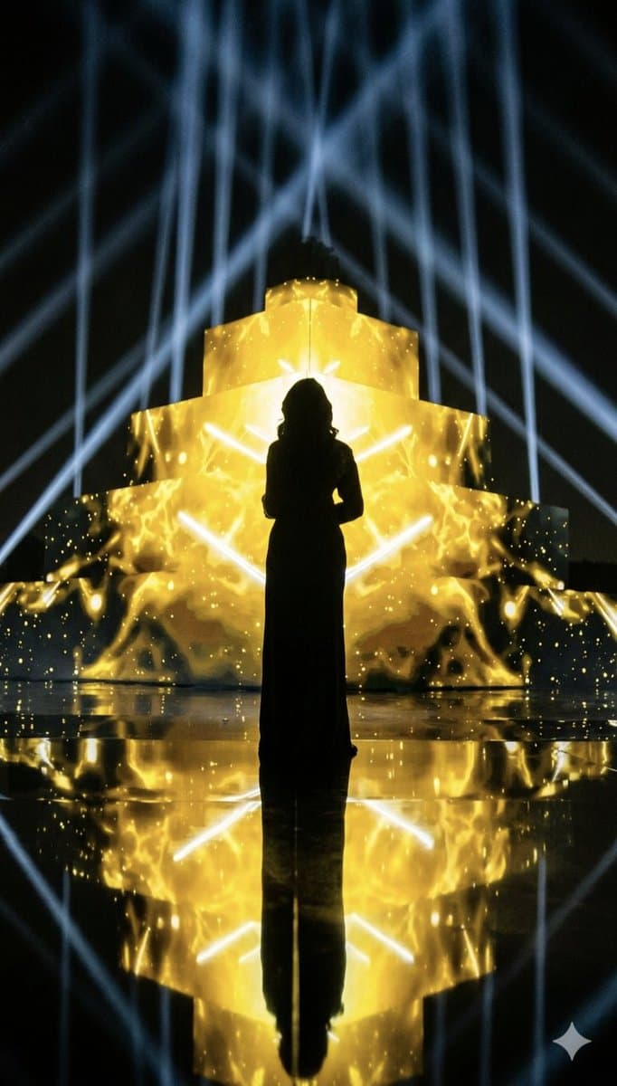Dramatic Silhouette on Glowing Pyramid Stage