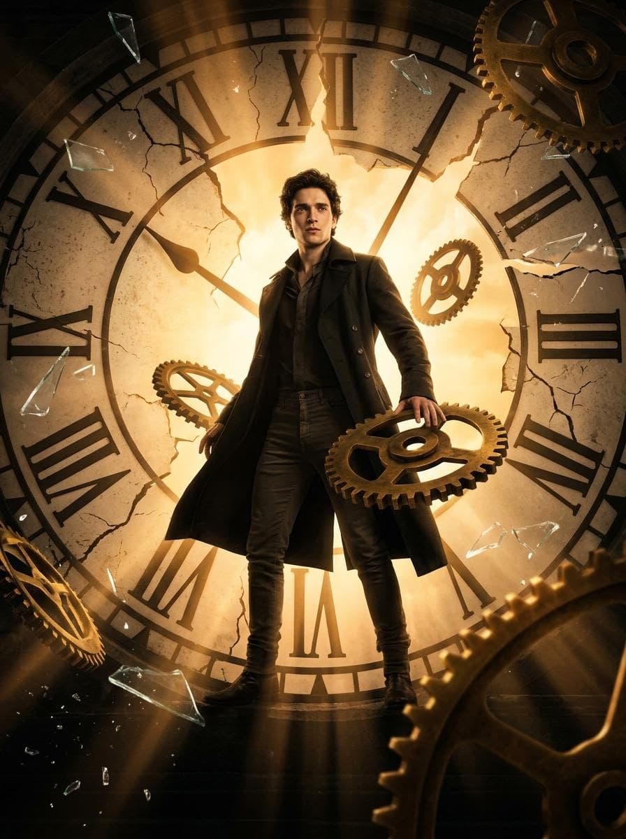 Person in Broken Clock Structure, Cinematic Style