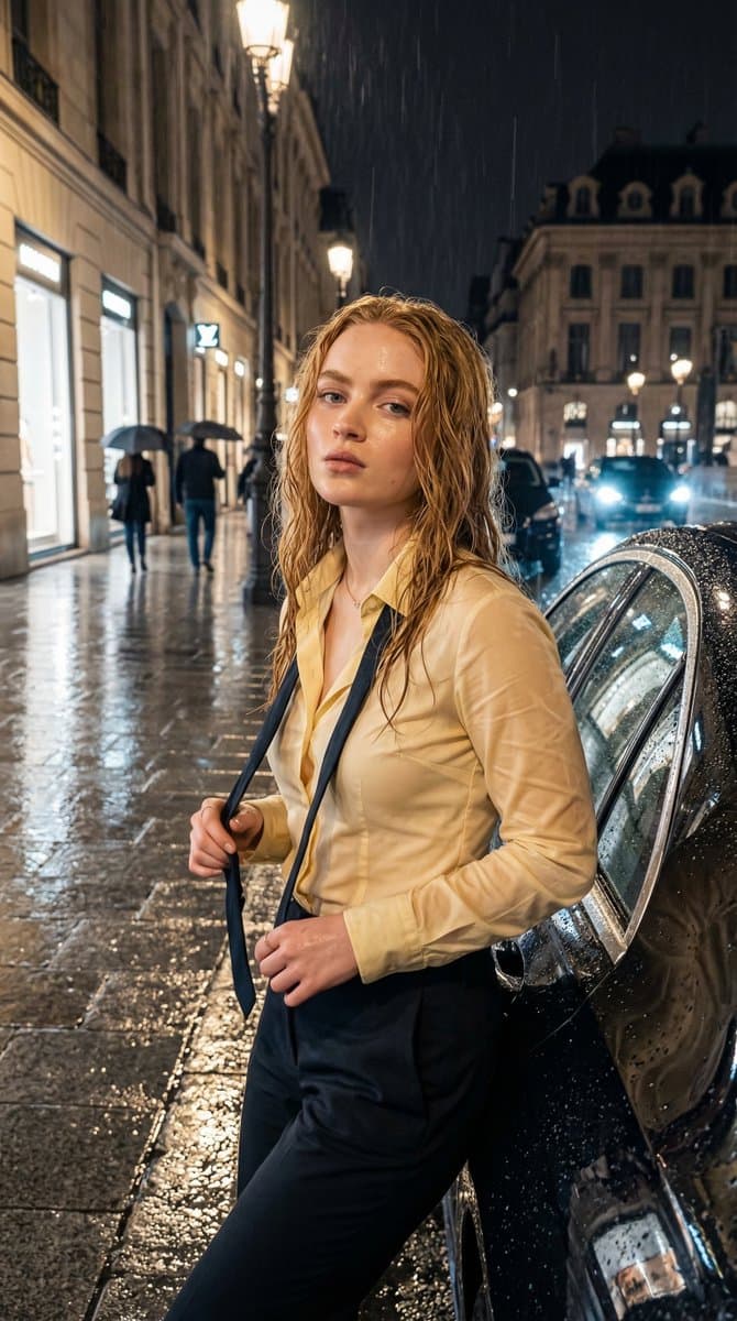 Sydney Sweeney Look-Alike in Rain-Soaked Luxury