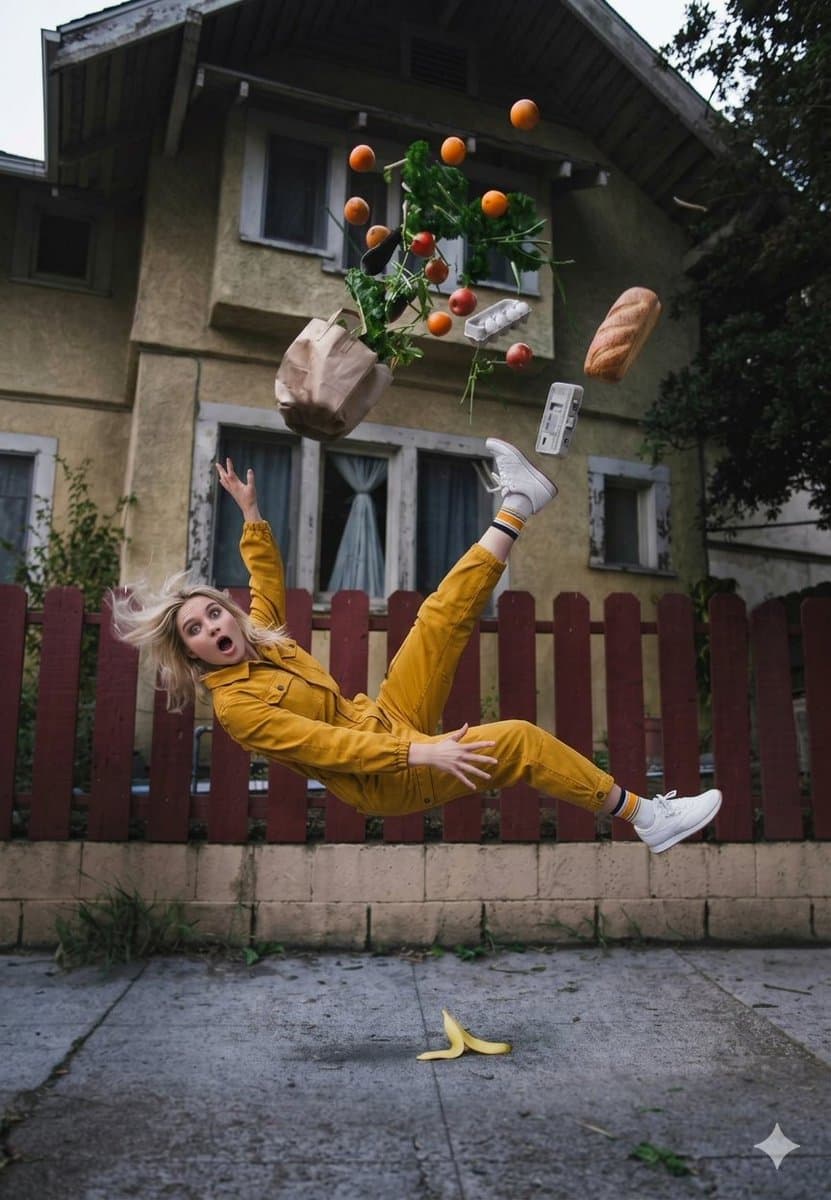 Woman Falling with Exploding Groceries