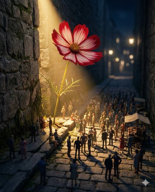 Miniature Civilization Under Cosmos Flower