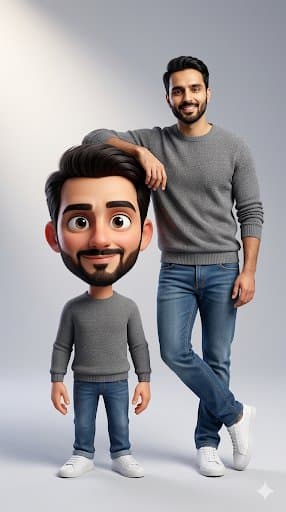 Full-body shot of a person with their caricature