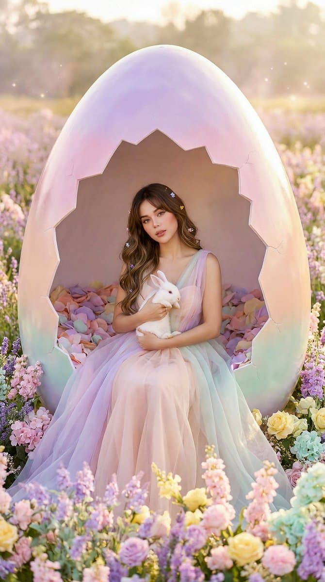 Dreamy Easter Egg Portrait with Pastel Flowers