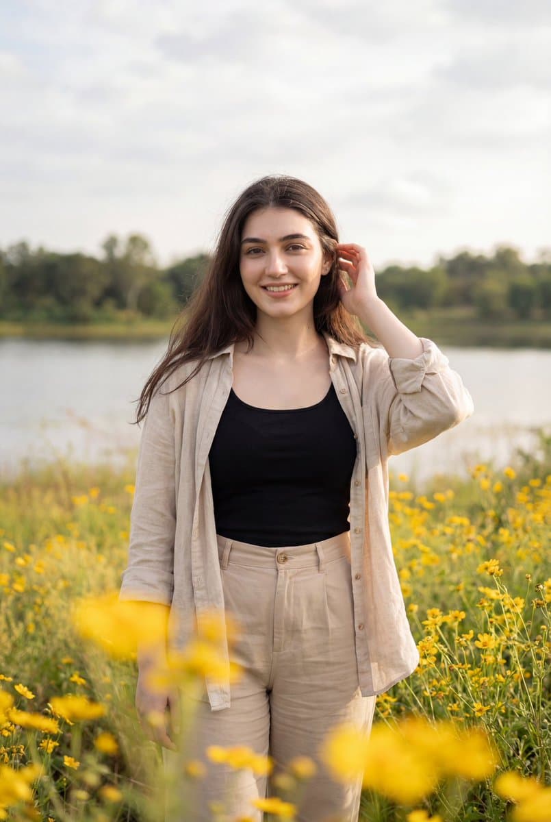Smiling Woman in Wildflower Field, Lake Background