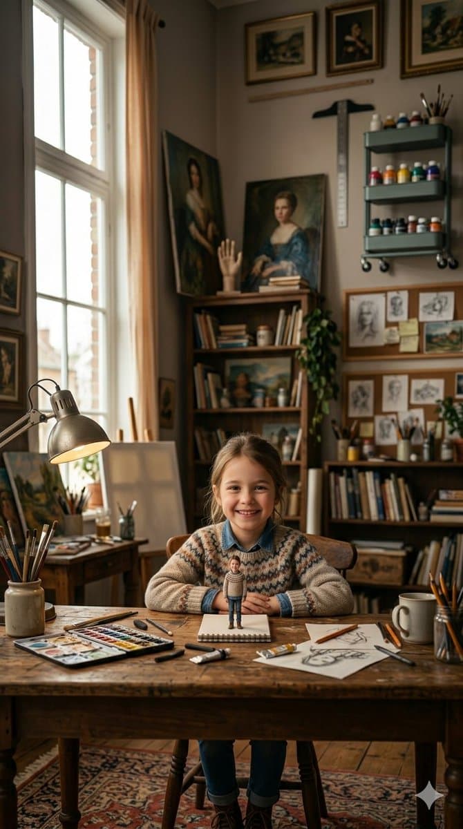 Girl in Studio with Clay Figurine Pop-Out Effect