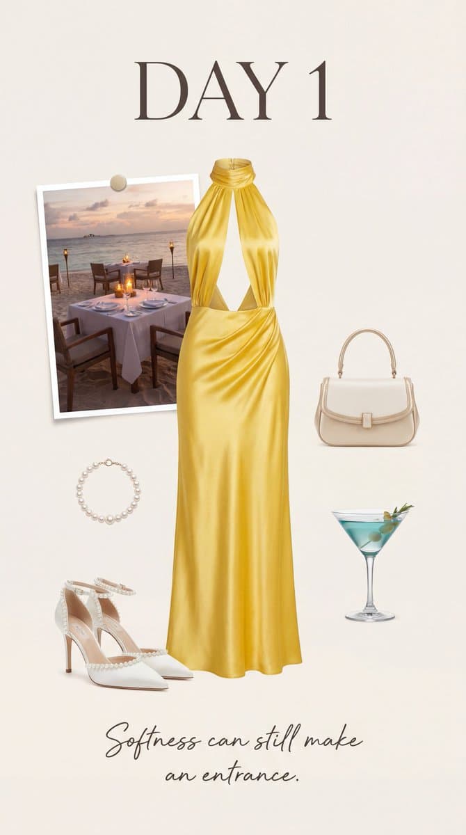 Luxury Fashion Moodboard: Yellow Halter Satin Dress