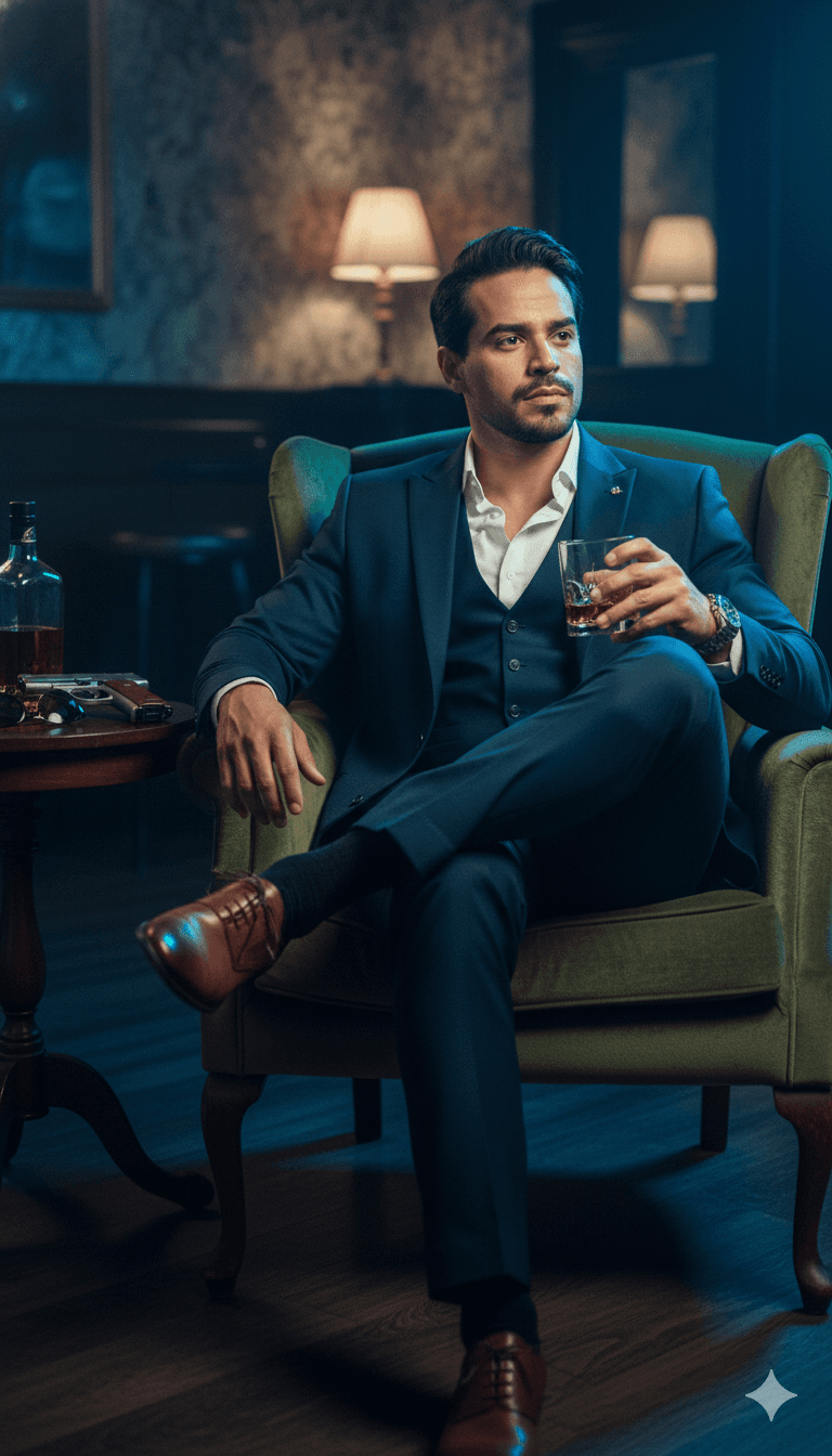 Cinematic Portrait in 70s Lounge with Whiskey and Gun