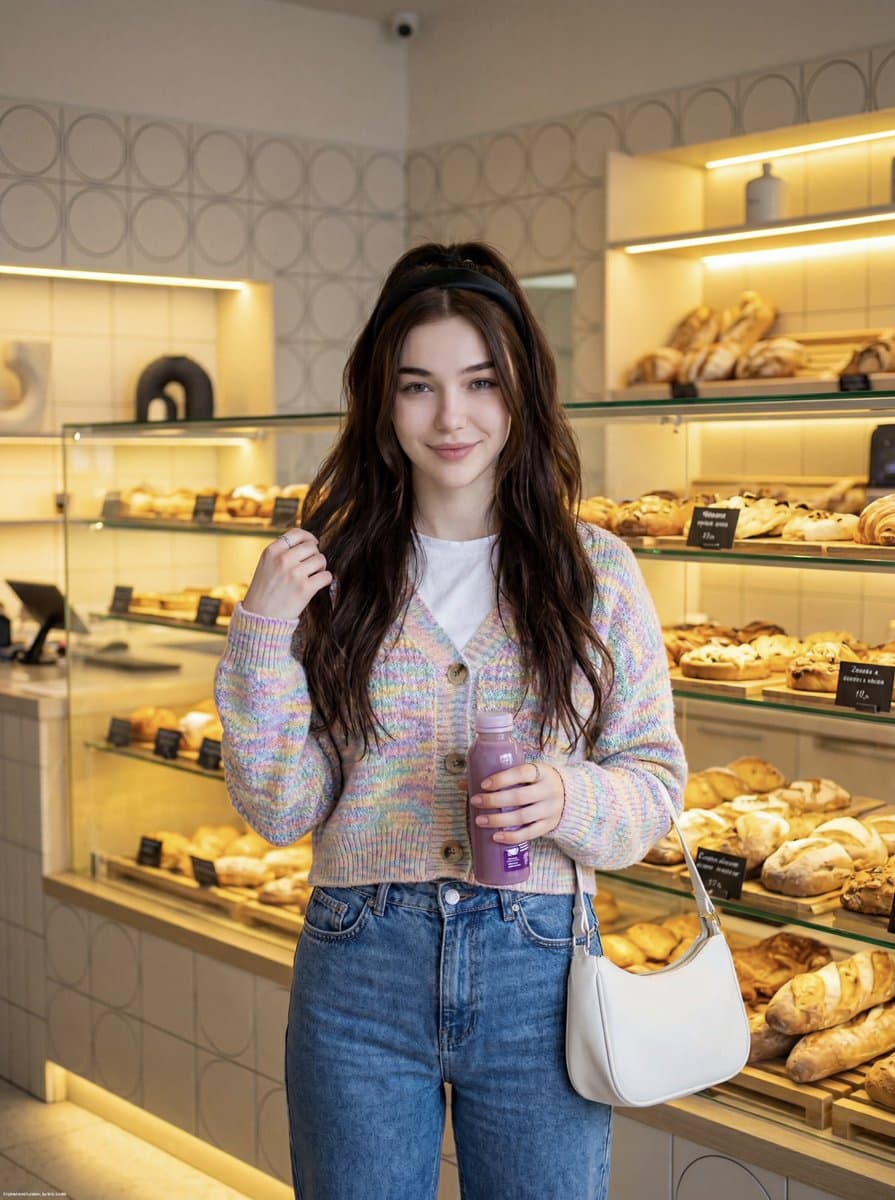 Young Woman Posing in a Modern Bakery Shop