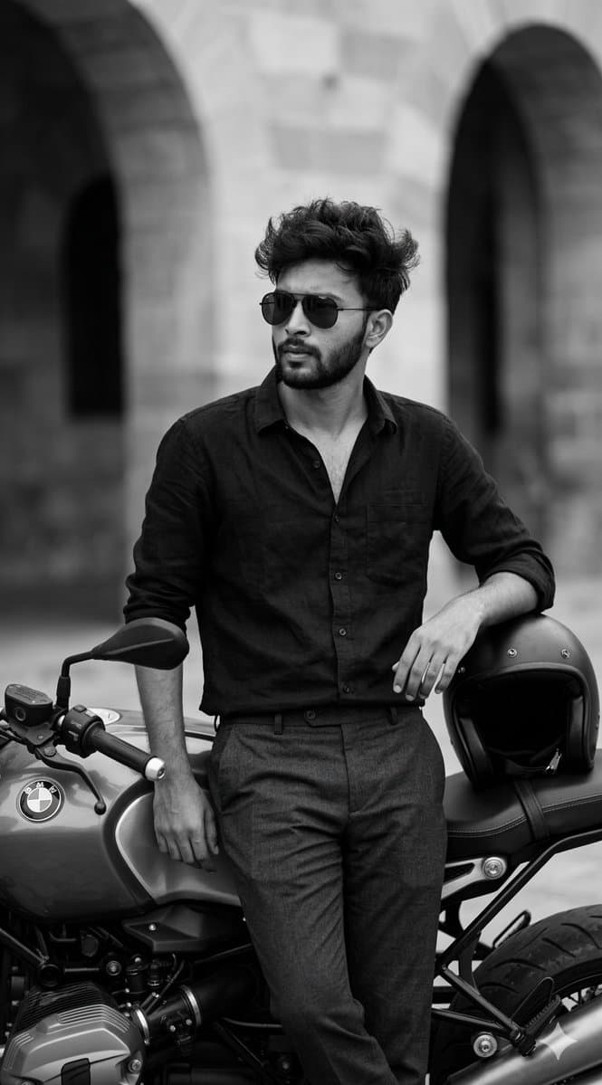 Cinematic B&W Portrait of Man with Motorcycle