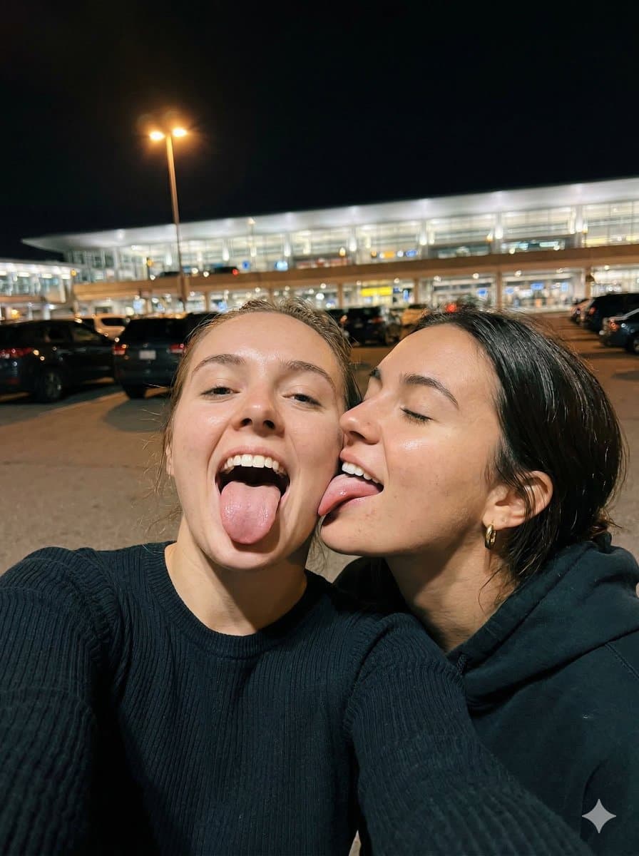 Playful Night Selfie at Airport Parking Lot