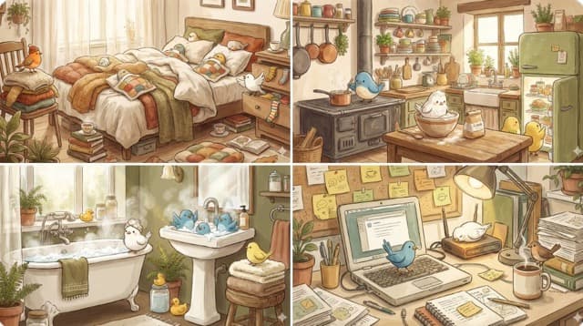 Cozy Vintage Bathroom with Cartoon Birds