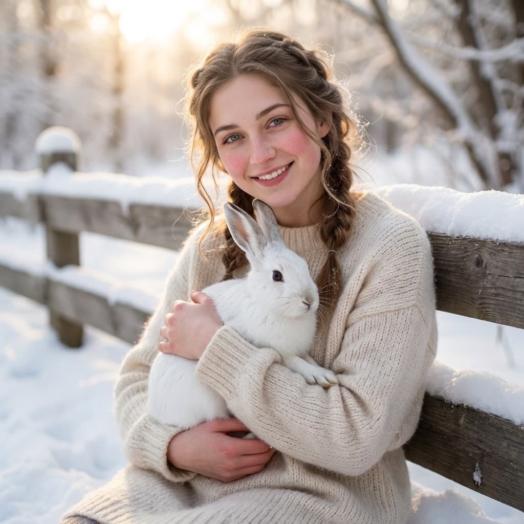 Cozy Winter Portrait with White Hare