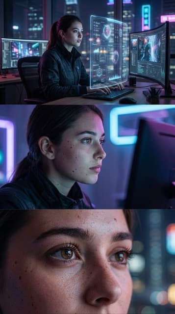 Cinematic Triptych Portrait in Cyberpunk Workspace