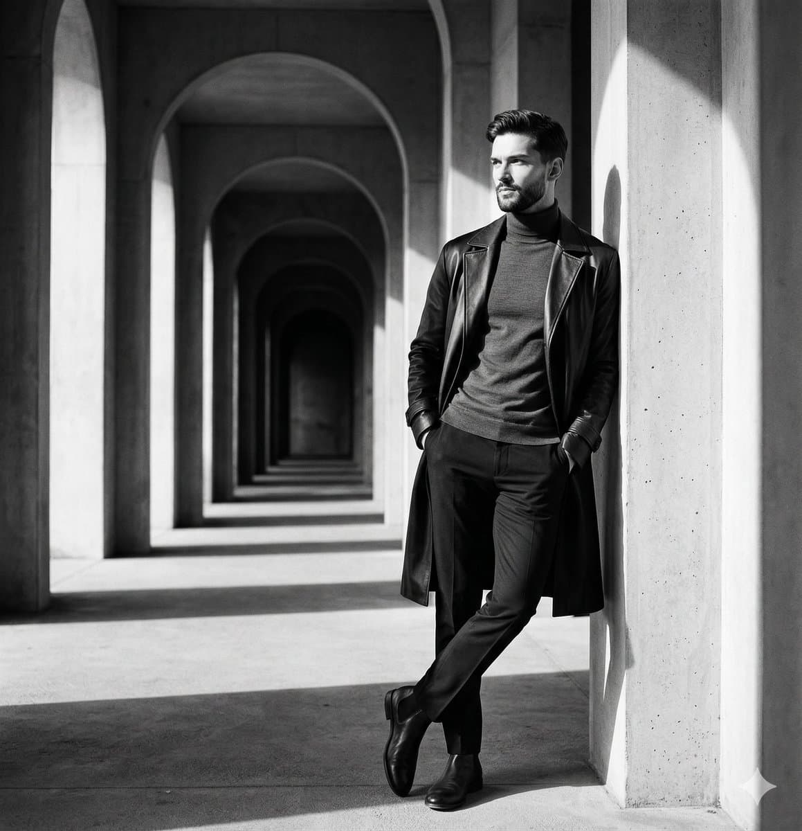 Cinematic Black and White Editorial Portrait in Colonnade