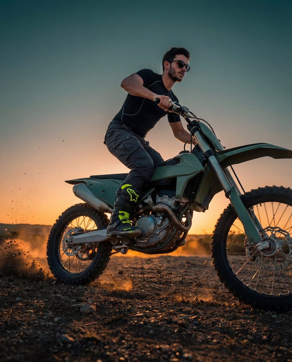 Cinematic Fashion-Action Portrait of a Rider at Sunset