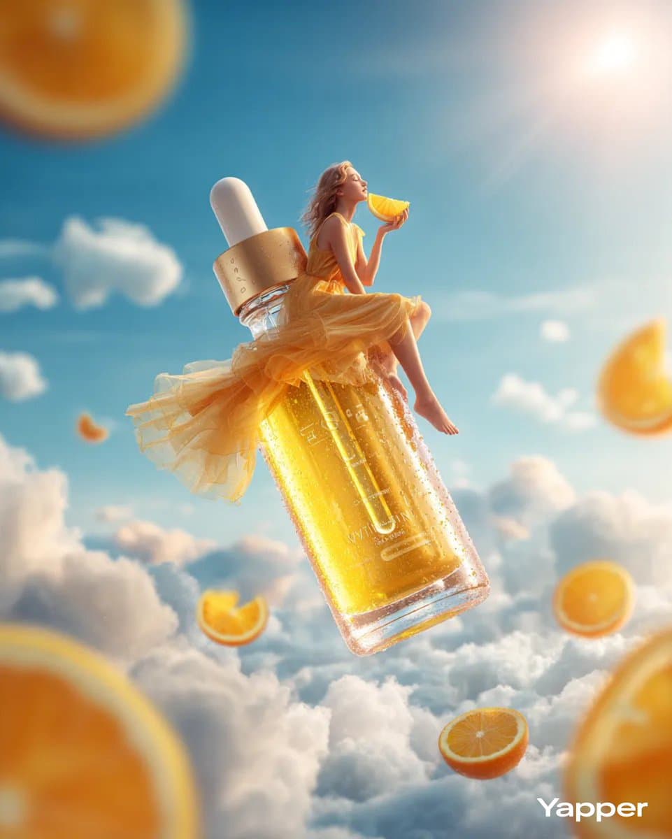Surreal Skincare Ad: Giant Vitamin C Serum Bottle