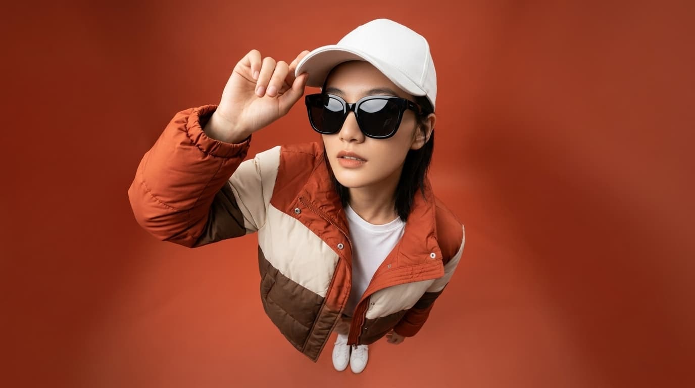 Fisheye Portrait with Color-Block Puffer Jacket