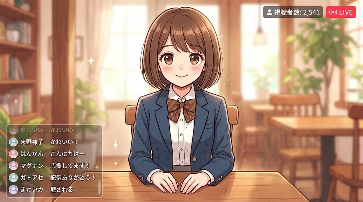 Cute Anime Girl in Cafe with Streaming UI